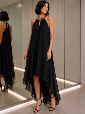 Betsy & Adam Black Halter Dress with Gold Accents